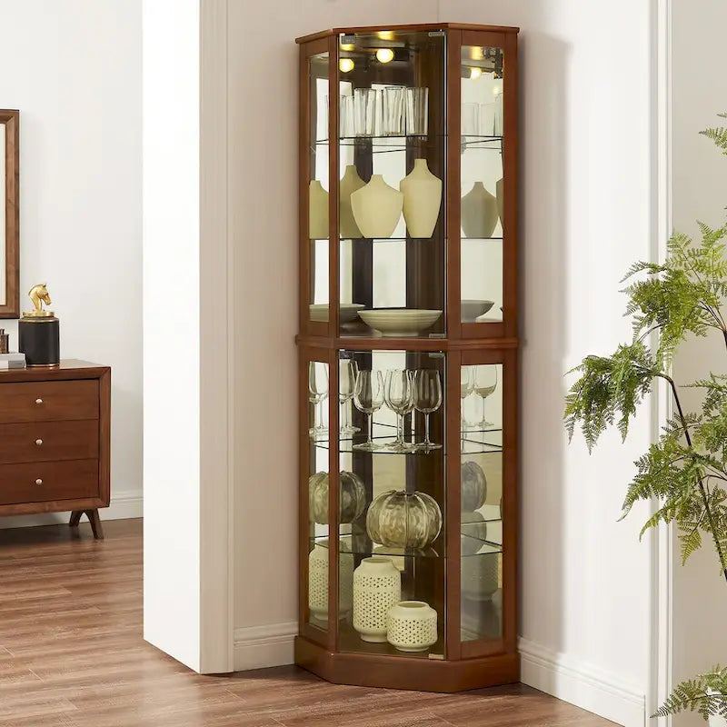 Vitrina esquinera con 6 estantes, luces, espejos y estantes ajustables