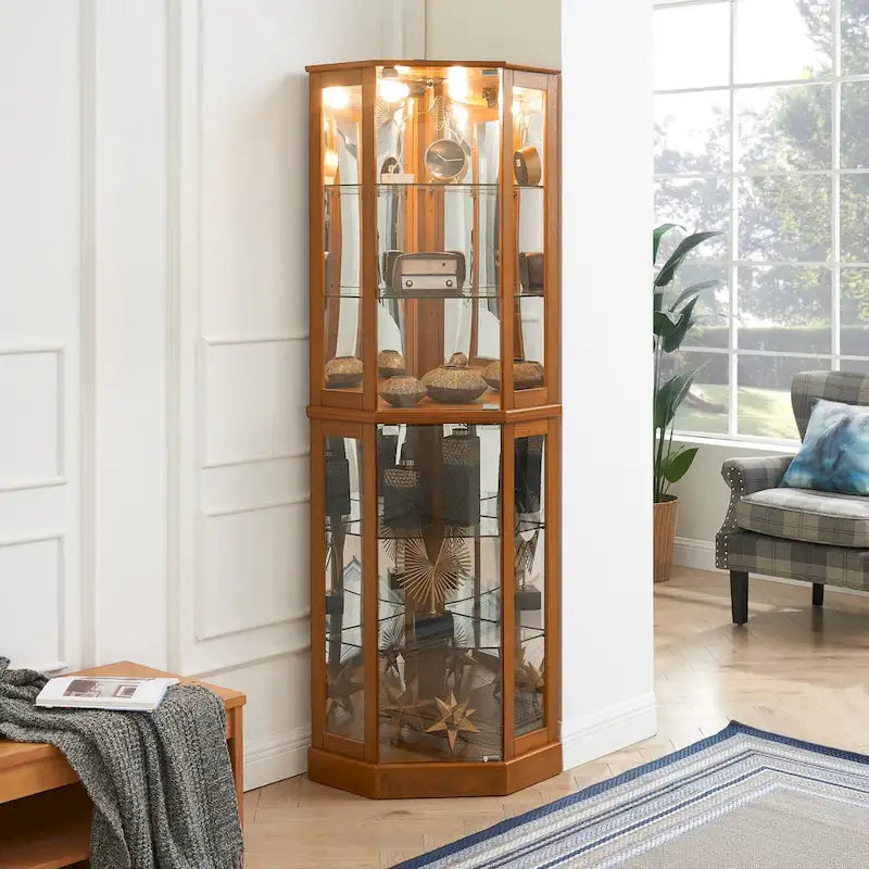 6 Shelf Corner Curio Display Cabinet with Lights, Mirrors and Adjustable Shelves