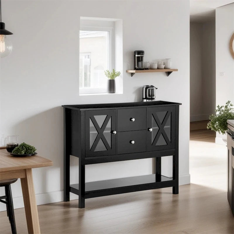 Holz-Buffetschrank mit Aufbewahrungsschubladen und Glastür - N/A