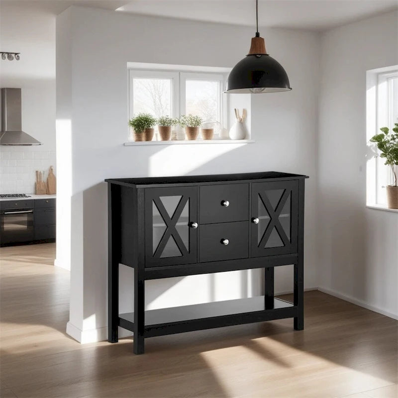 Holz-Buffetschrank mit Aufbewahrungsschubladen und Glastür - N/A