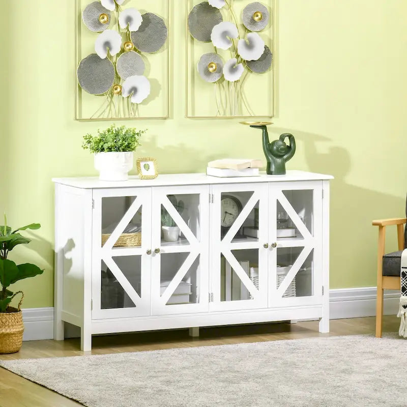 Weißes Sideboard mit 4 Türen aus gehärtetem Glas und verstellbaren Einlegeböden