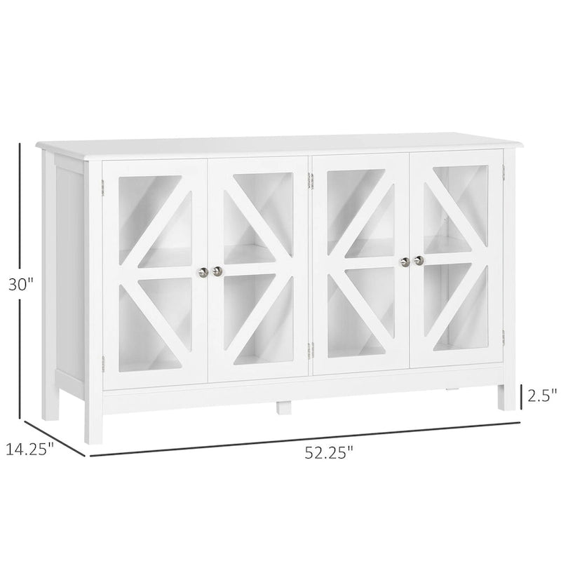 Weißes Sideboard mit 4 Türen aus gehärtetem Glas und verstellbaren Einlegeböden
