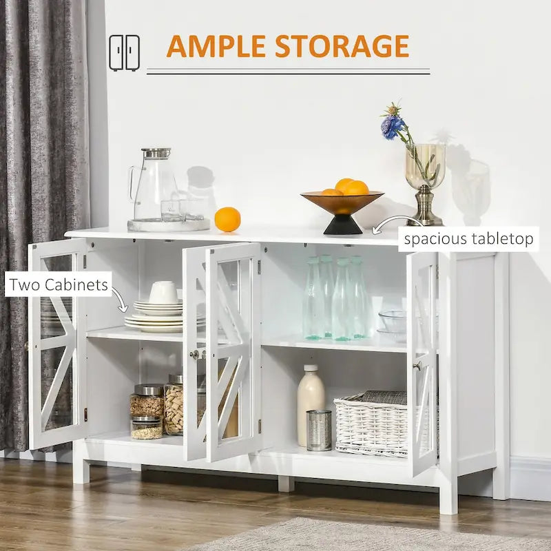 Weißes Sideboard mit 4 Türen aus gehärtetem Glas und verstellbaren Einlegeböden