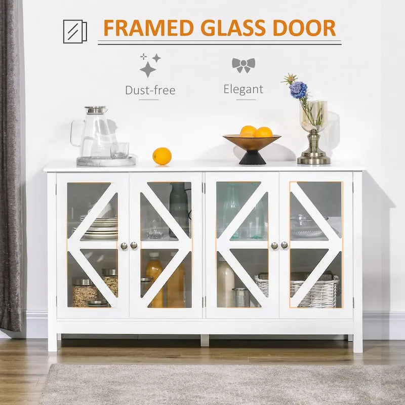 Weißes Sideboard mit 4 Türen aus gehärtetem Glas und verstellbaren Einlegeböden