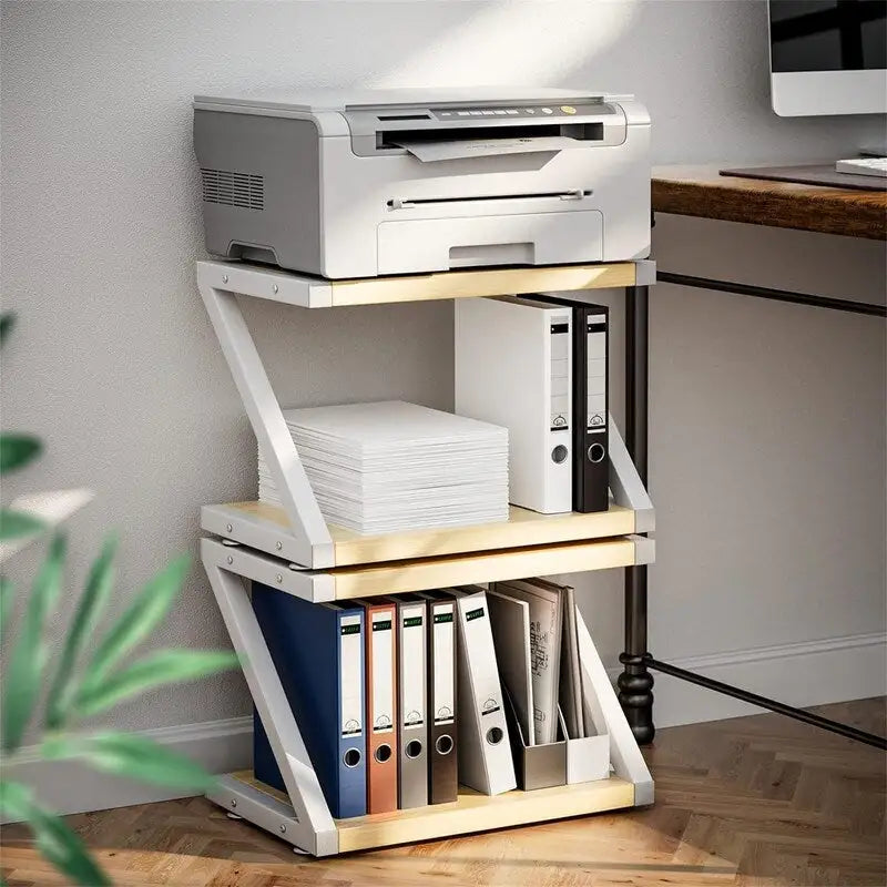 Soporte de escritorio para impresora de 2 niveles con estantes de almacenamiento de madera