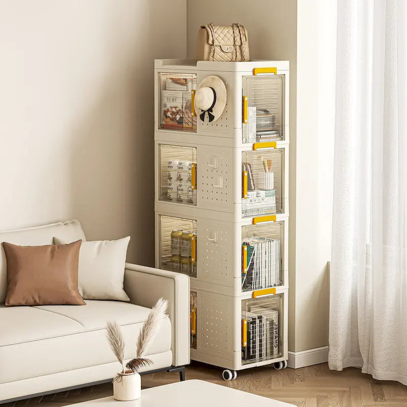 Carrito plegable de almacenamiento de 4 niveles con puertas transparentes y ruedas con cerradura