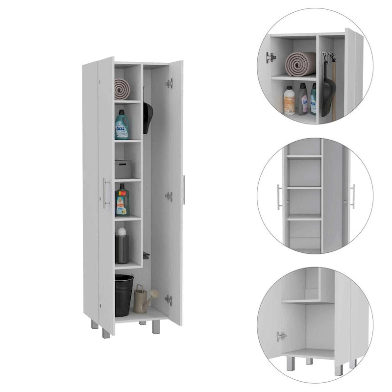 Armario de almacenamiento blanco de 2 puertas con 5 estantes y compartimento para escobas