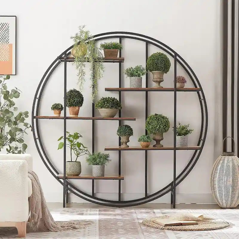 Estantería con estructura metálica redonda y soporte para exhibir plantas