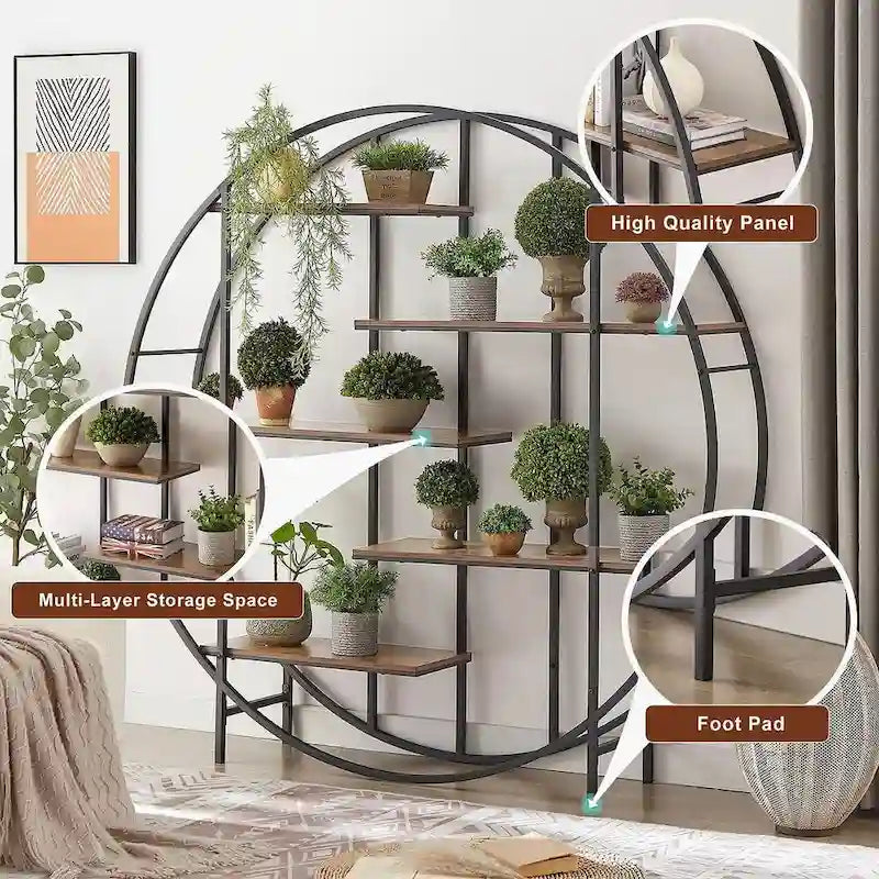 Estantería con estructura metálica redonda y soporte para exhibir plantas