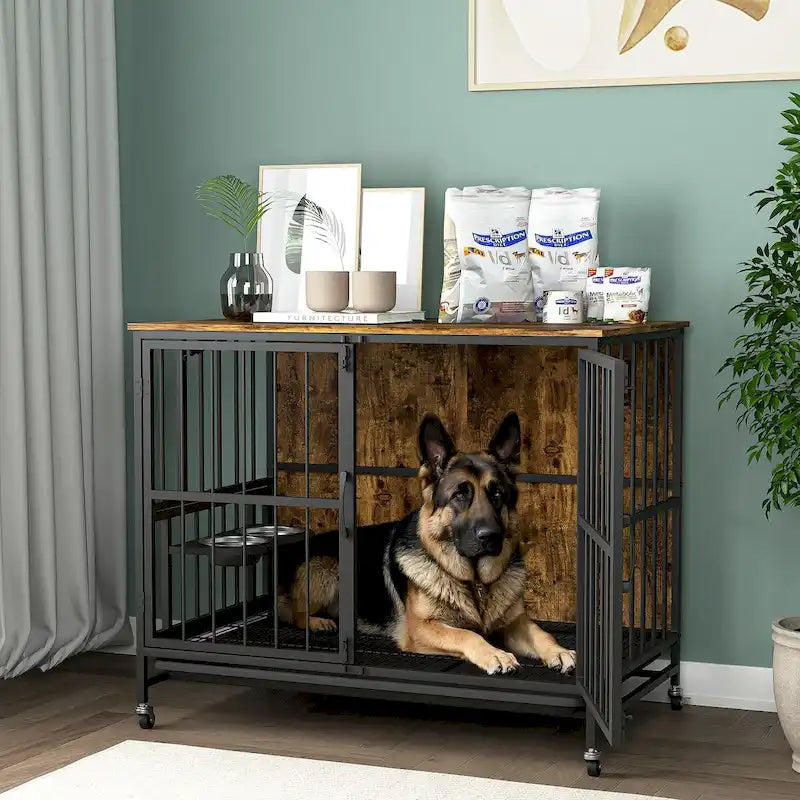 Mueble jaula para perros de dos puertas con bandeja extraíble y cuencos para comida