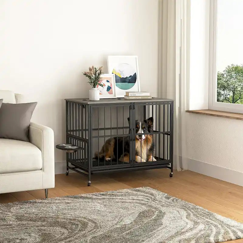 Mueble jaula para perros de dos puertas con bandeja extraíble y cuencos para comida