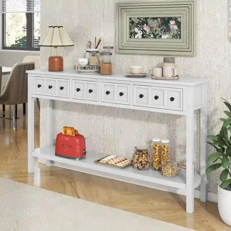 Mesa consola rústica para recibidor, mesa de sofá larga de 60 con dos cajones de diferentes tamaños y estante inferior para almacenamiento