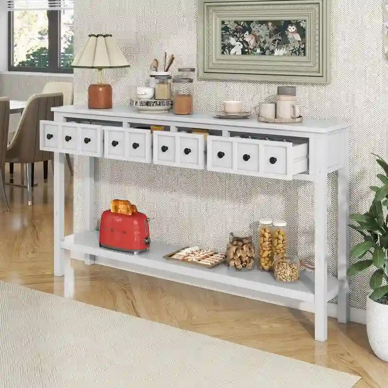 Mesa consola rústica para recibidor, mesa de sofá larga de 60 con dos cajones de diferentes tamaños y estante inferior para almacenamiento