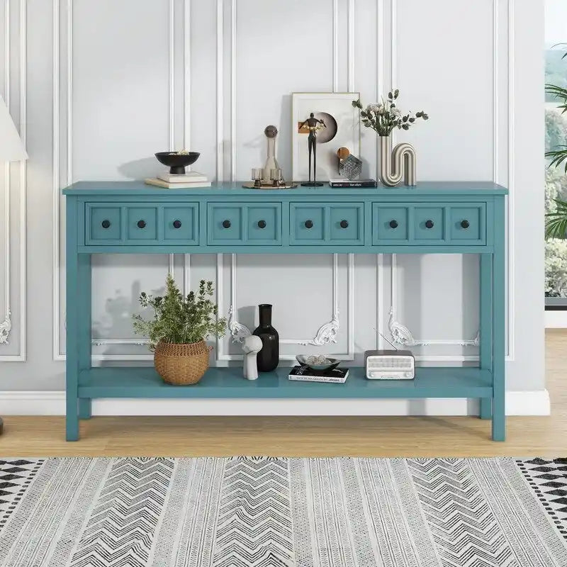 Mesa consola rústica para recibidor, mesa de sofá larga de 60 con dos cajones de diferentes tamaños y estante inferior para almacenamiento