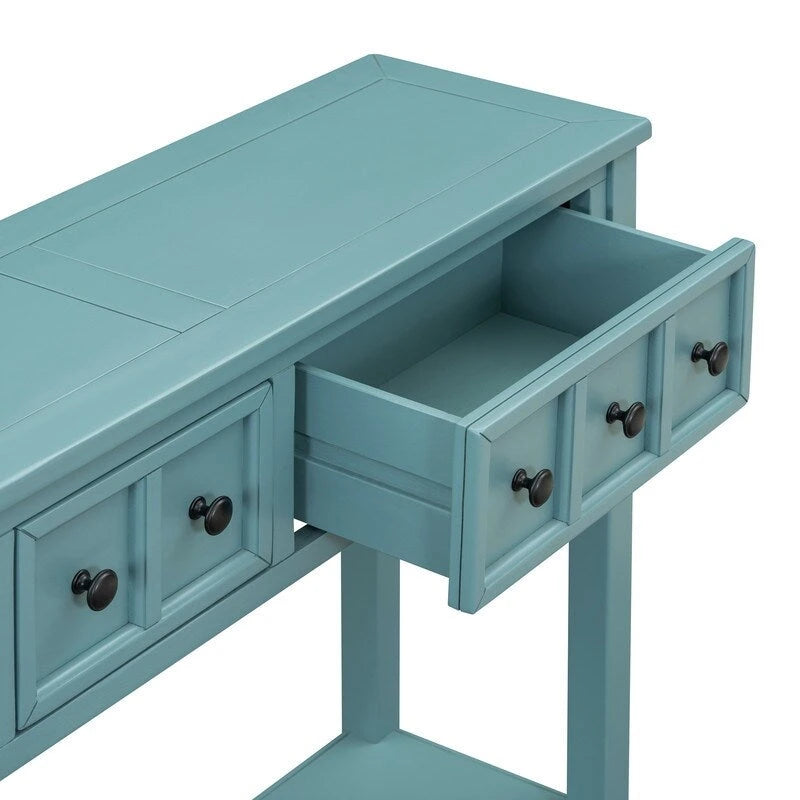 Mesa consola rústica para recibidor, mesa de sofá larga de 60 con dos cajones de diferentes tamaños y estante inferior para almacenamiento