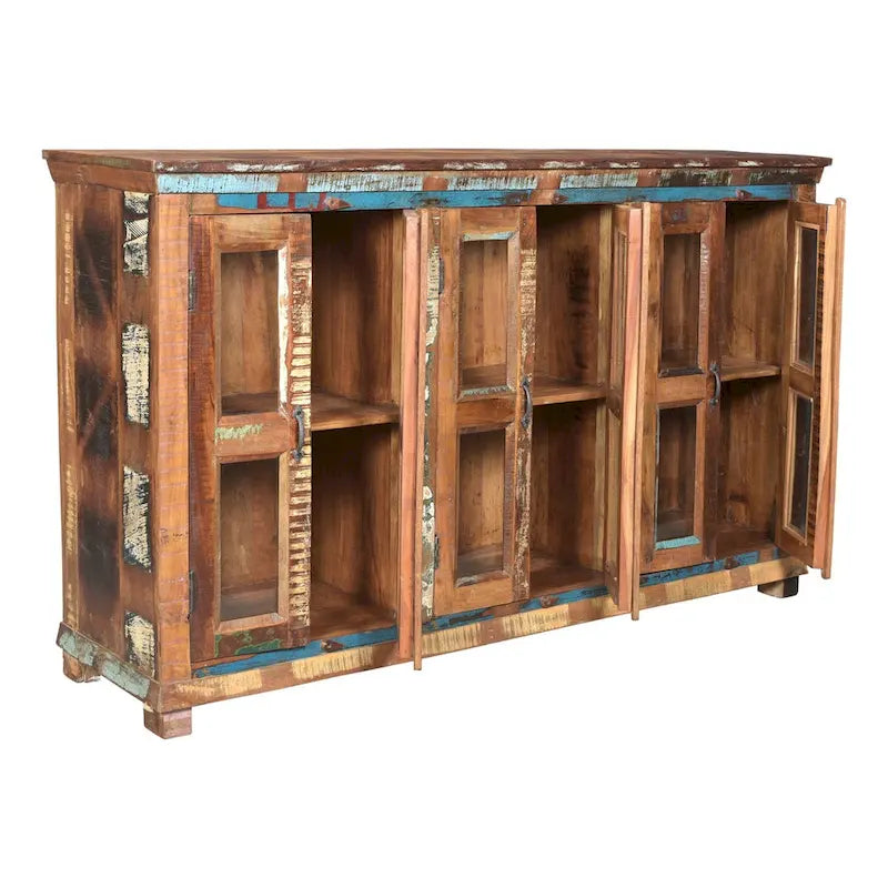 Aparador multicolor de madera reciclada con 6 puertas de vidrio