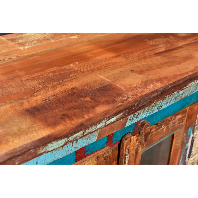 Aparador multicolor de madera reciclada con 6 puertas de vidrio