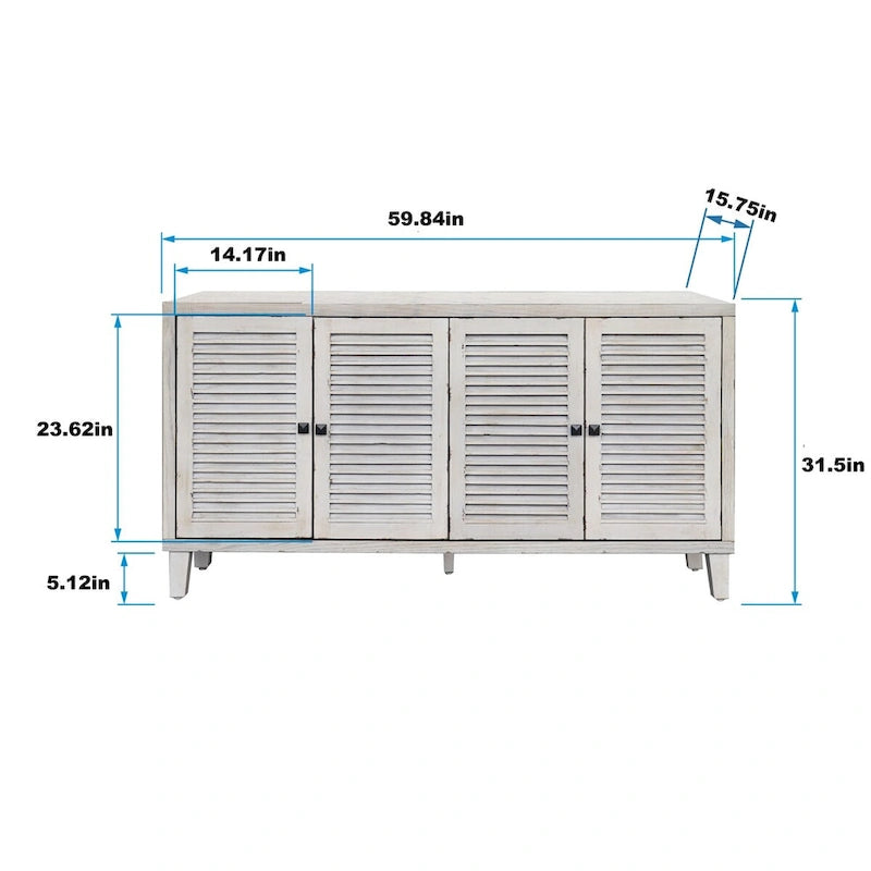 Weiß gekalktes Sideboard mit 4 Lamellentüren und verstellbaren Einlegeböden