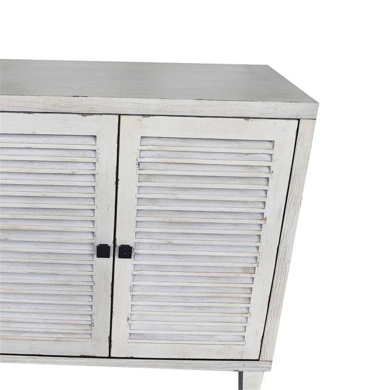 Aparador blanco envejecido de 4 puertas con contraventanas y estantes ajustables
