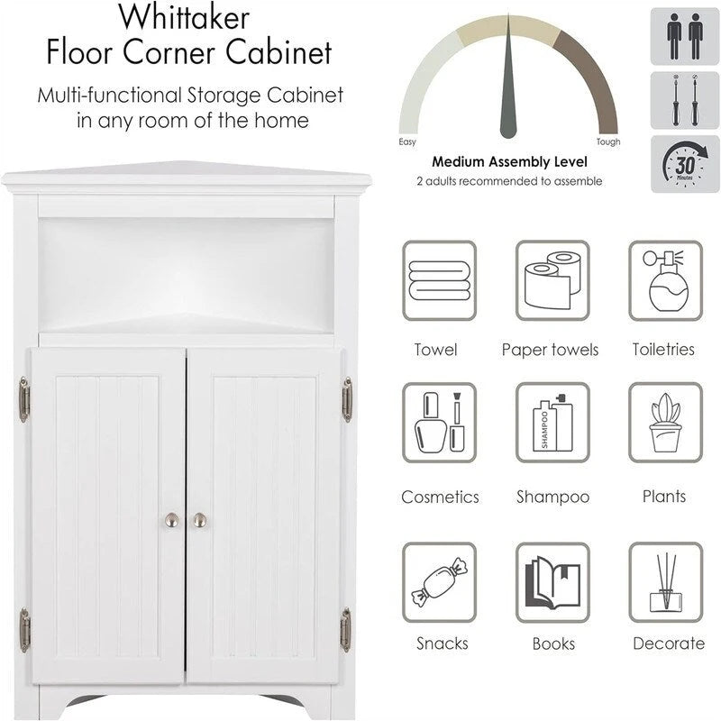 Armario esquinero pequeño de almacenamiento para baño con puertas y estantes ajustables - 13D x 23.4W x 32.7H