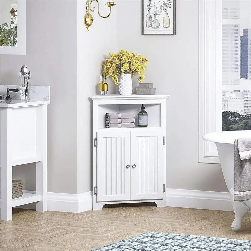 Armario esquinero pequeño de almacenamiento para baño con puertas y estantes ajustables - 13D x 23.4W x 32.7H