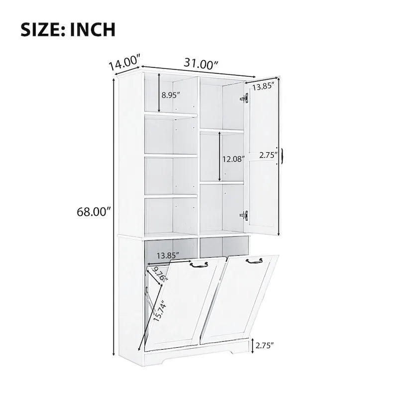 Armario blanco de almacenamiento para baño con 2 cestos basculantes para ropa sucia