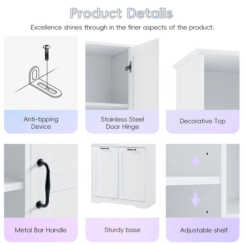 Armario blanco de almacenamiento para baño con 2 cestos basculantes para ropa sucia