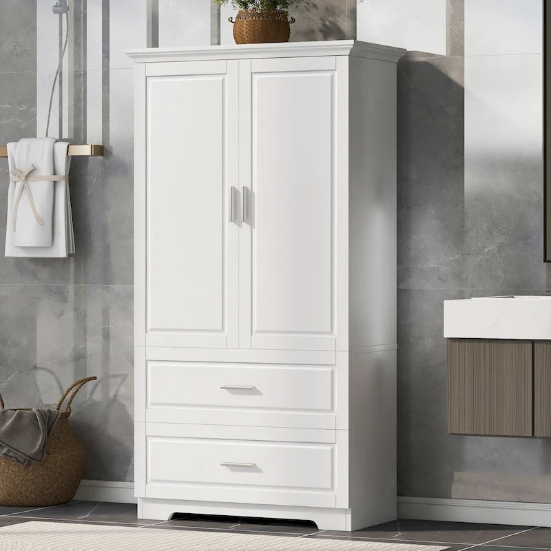 Armario alto de madera de 2 puertas para baño, de 63, blanco, con estante ajustable