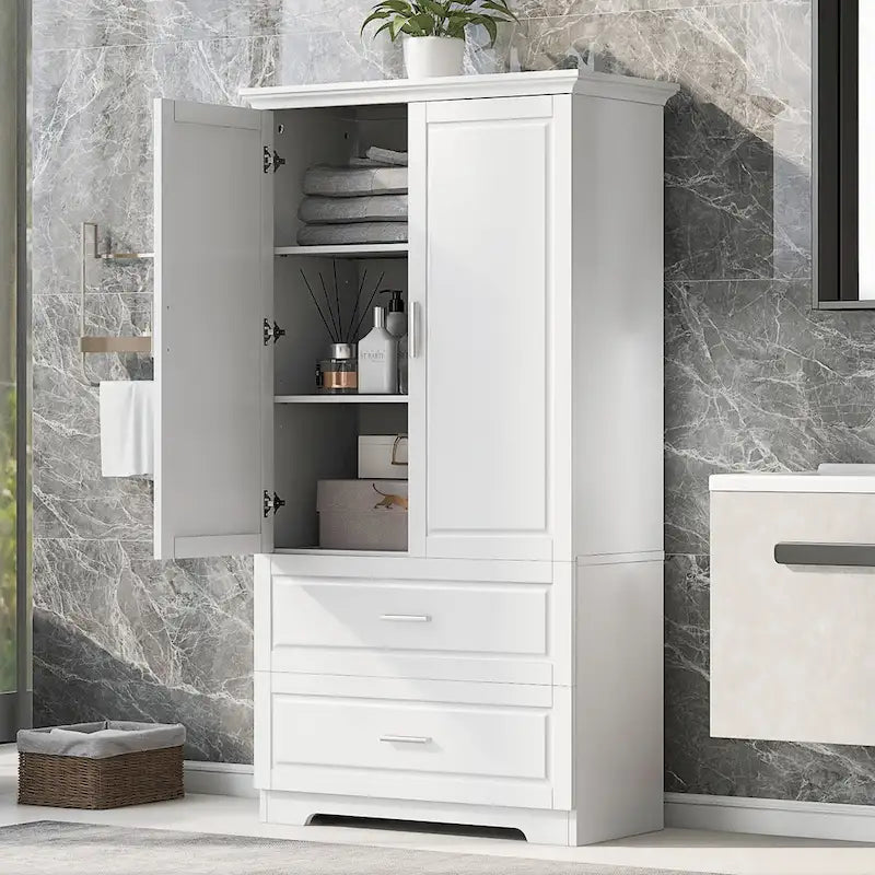 Armario alto de madera de 2 puertas para baño, de 63, blanco, con estante ajustable