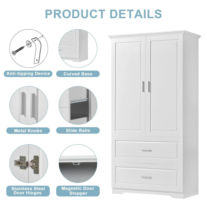 Armario alto de madera de 2 puertas para baño, de 63, blanco, con estante ajustable
