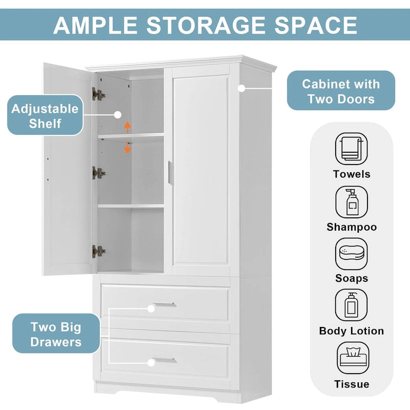 Armario alto de madera de 2 puertas para baño, de 63, blanco, con estante ajustable