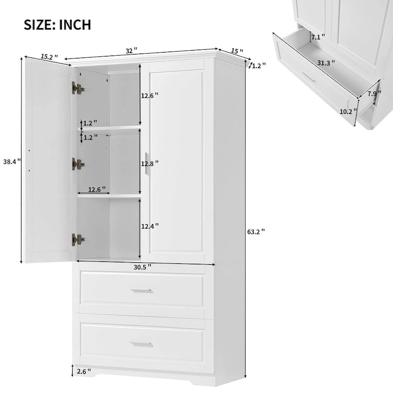 Armario alto de madera de 2 puertas para baño, de 63, blanco, con estante ajustable
