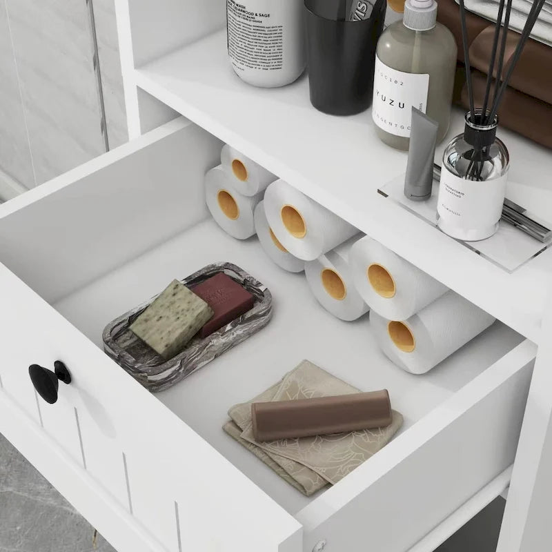 Weißer Wäschekorb-Schrank mit Klappe, Schublade und herausnehmbarem Wäschesack