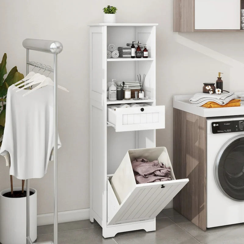 Weißer Wäschekorb-Schrank mit Klappe, Schublade und herausnehmbarem Wäschesack