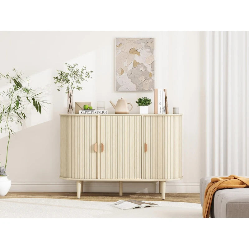 Carved Line 3 Door Storage Cabinet, Sideboard Buffet Cabinet With Adjustable Shelf, Large Storage Accent Cabinet